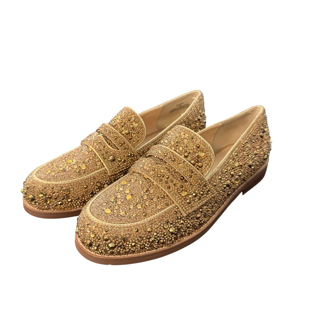 Betsey Johnson ARON Gold Rhinestone Penny Loafers Glass Crystal Shoes 5M Girl